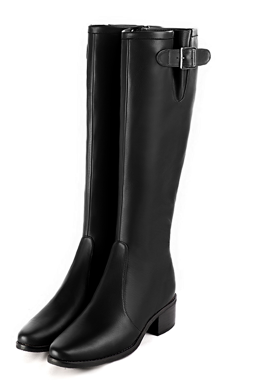 Satin black women's knee-high boots with buckles. Round toe. Low leather soles. Made to measure. Front view - Florence KOOIJMAN